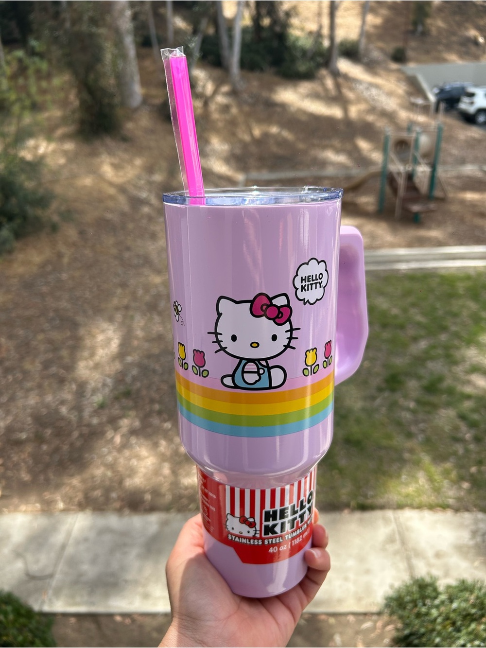 Hello Kitty Pink Lavender Rainbow Mug with Pink Straw